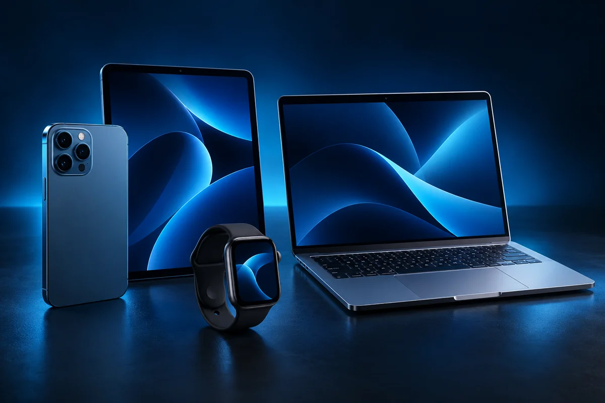 A smartphone, tablet, smartwatch, and laptop arranged on a dark surface with blue lighting